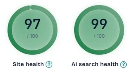 Site Audit scores: site health 97 and AI search health 99