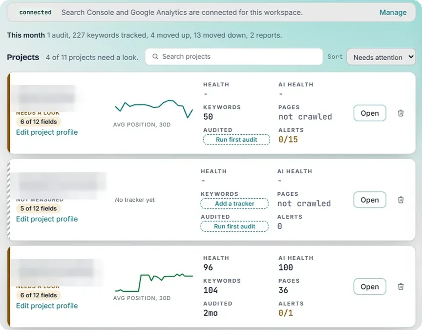 Badgerfly dashboard close-up: project cards with health, AI health, keywords, pages and alerts, and the projects that need a look first