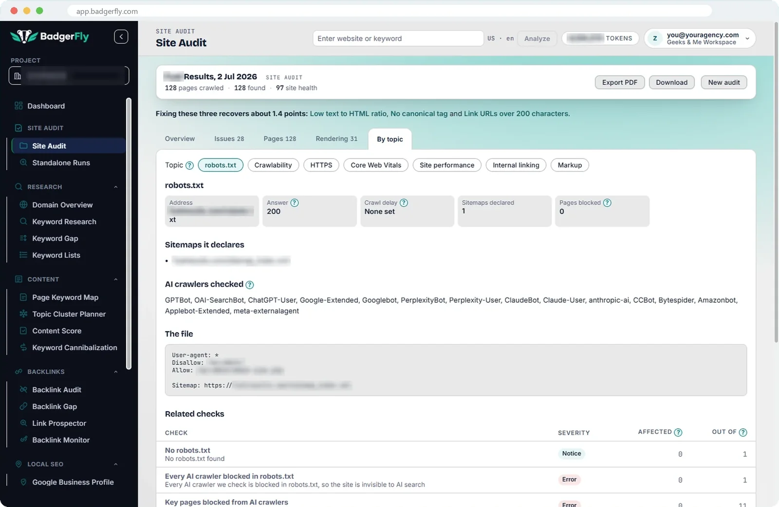 Site audit By topic view: robots.txt details and the AI crawlers the site allows or blocks