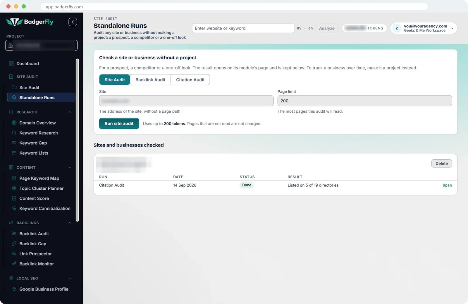 Standalone Runs: run a Site Audit, Backlink Audit or Citation Audit on any site without making a project