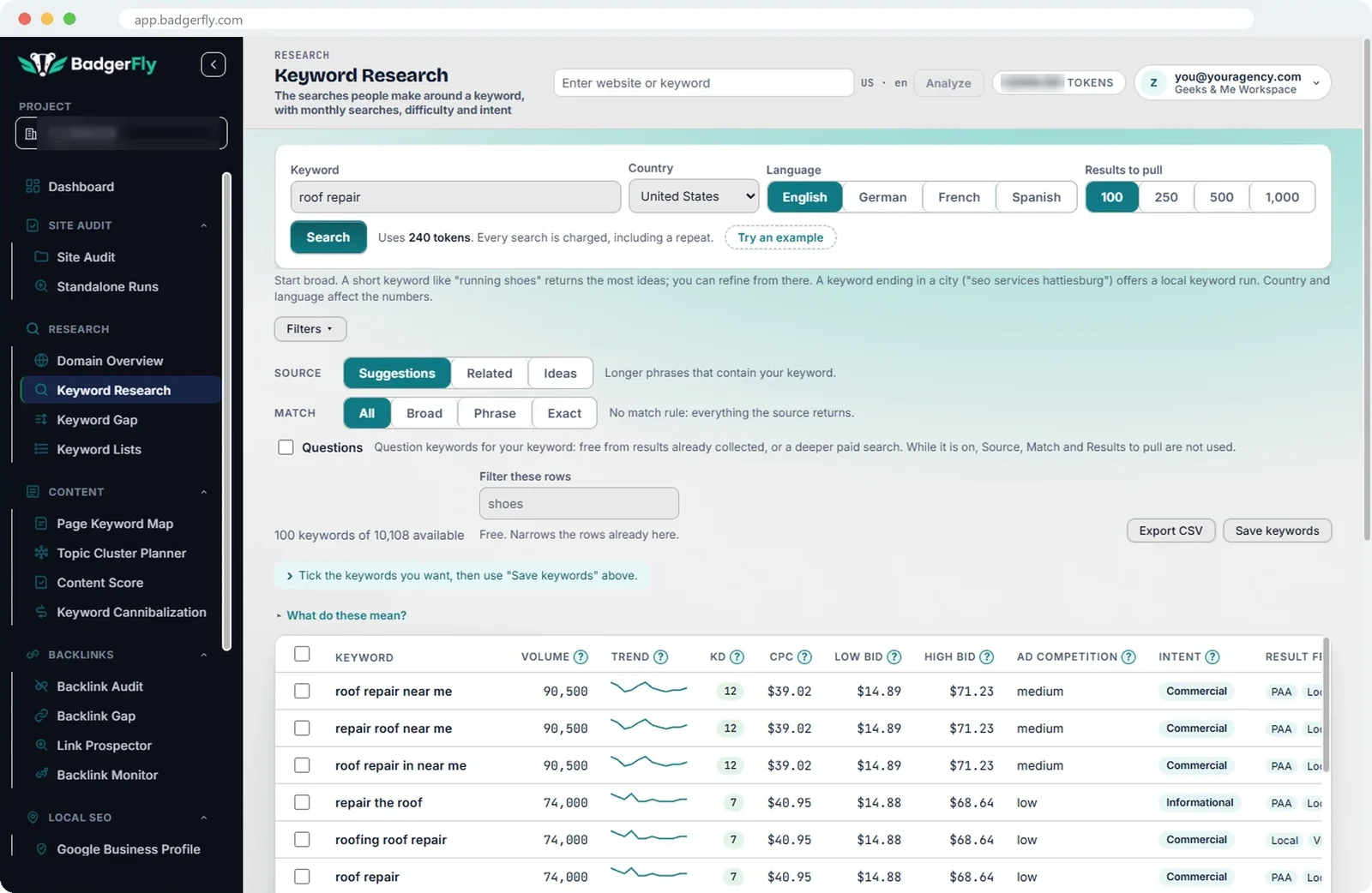 Keyword Research results for one starting keyword, with filters and a table of volume, difficulty, intent and trend