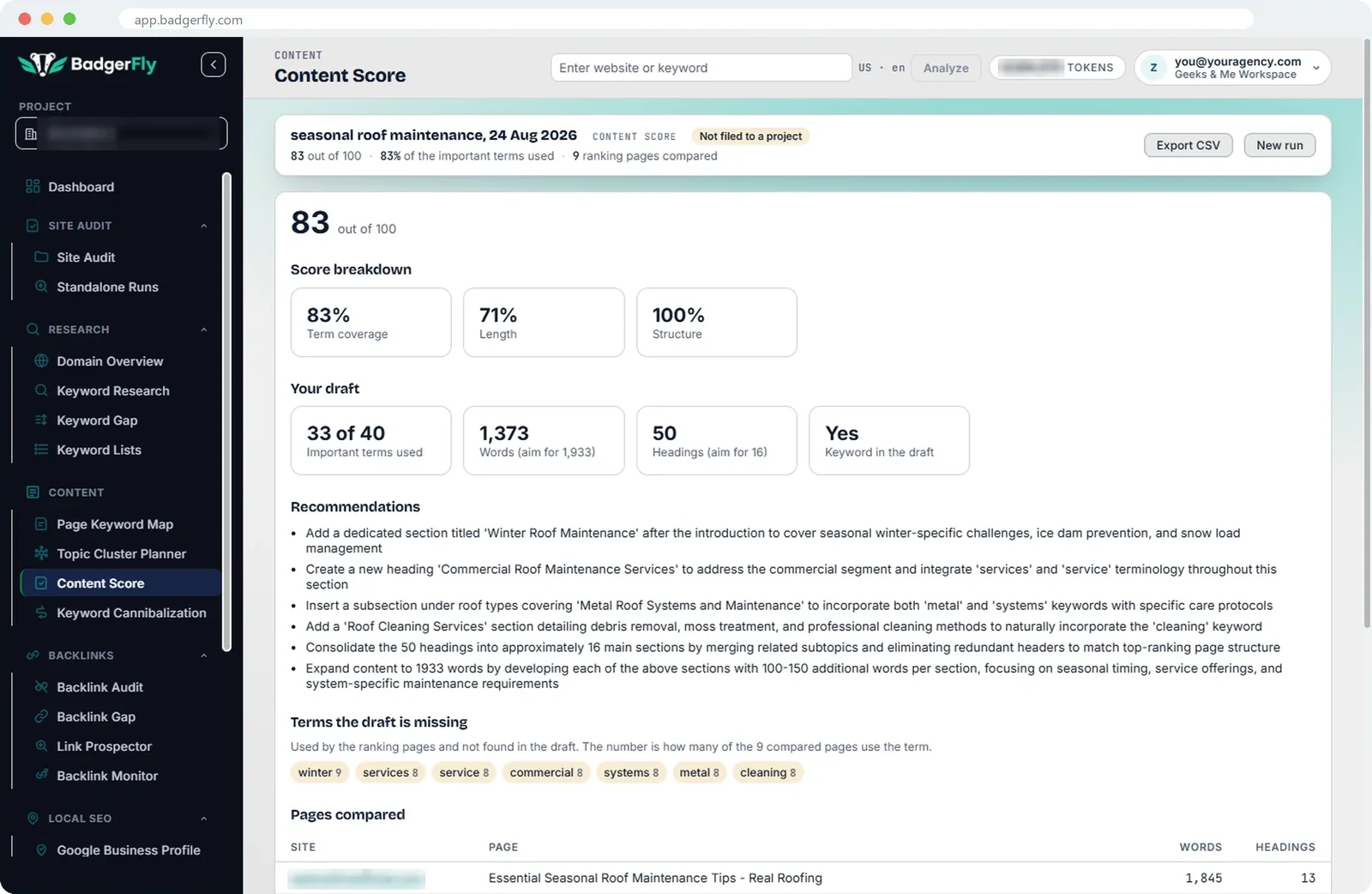 Content Score result: a draft's score from 0 to 100, with the breakdown, missing terms and recommendations