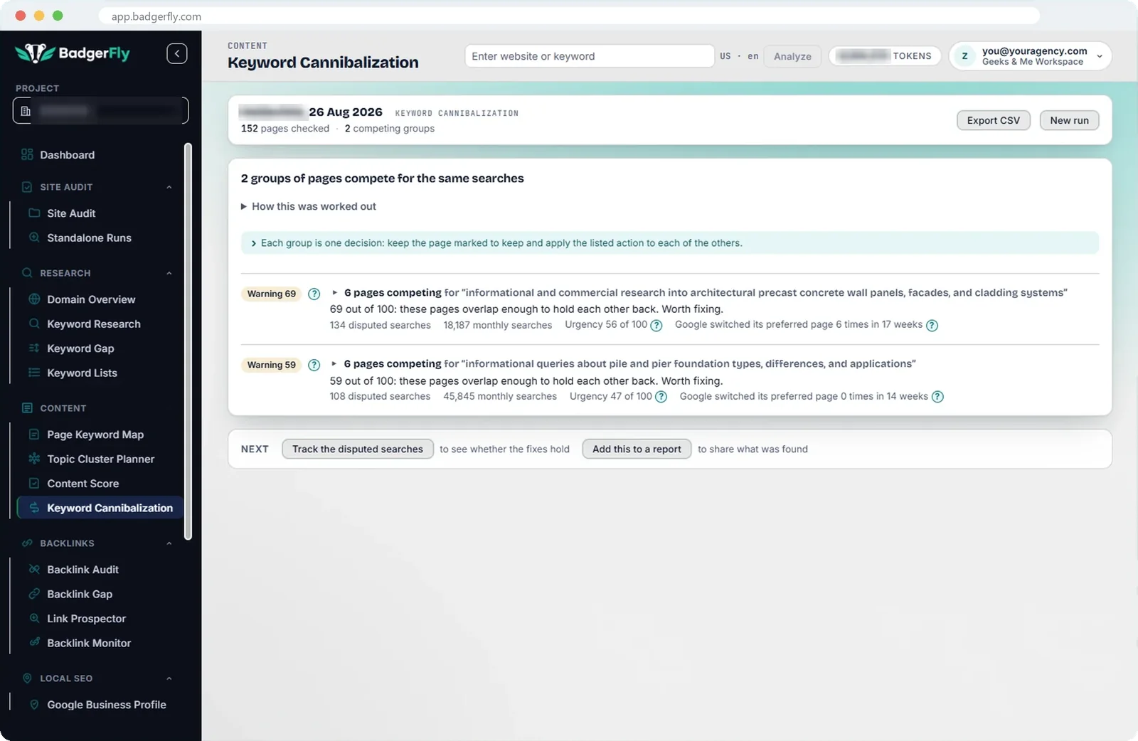 Keyword Cannibalization: groups of competing pages, each with an overlap score, disputed searches and urgency