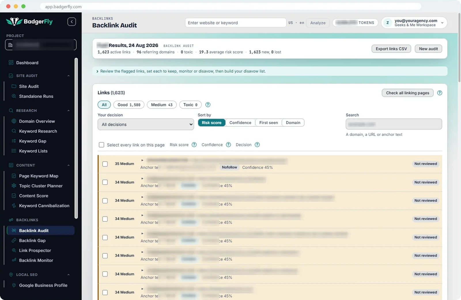 Backlink Audit results: links filtered by risk band, each with a risk score and a keep, monitor or disavow decision