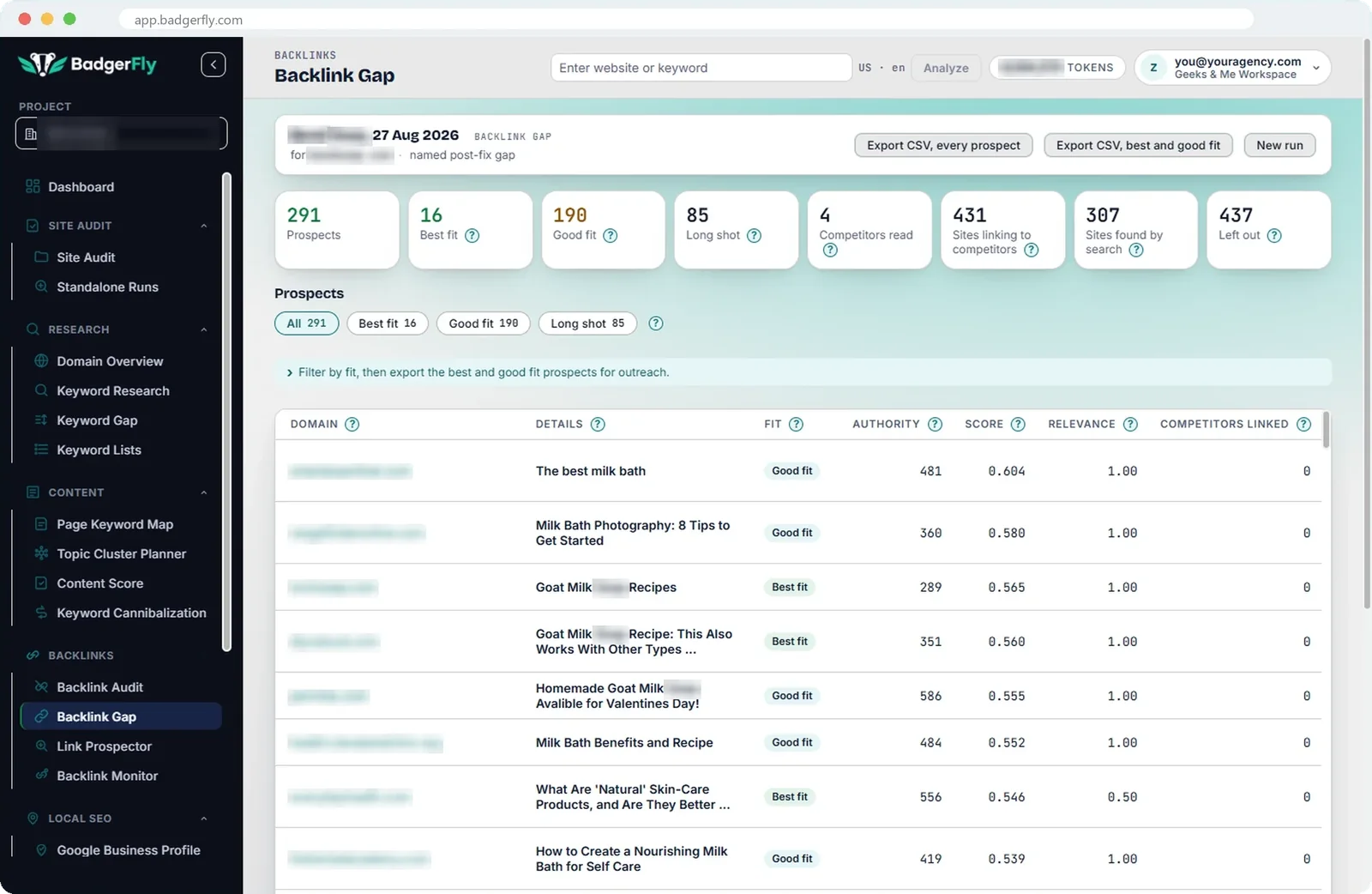 Backlink Gap results: sites that link to competitors and not to the project, sorted into best fit, good fit and long shot