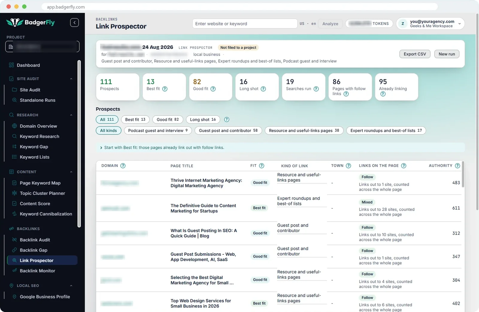 Link Prospector results: link opportunities by kind, with fit, authority and whether each page links out