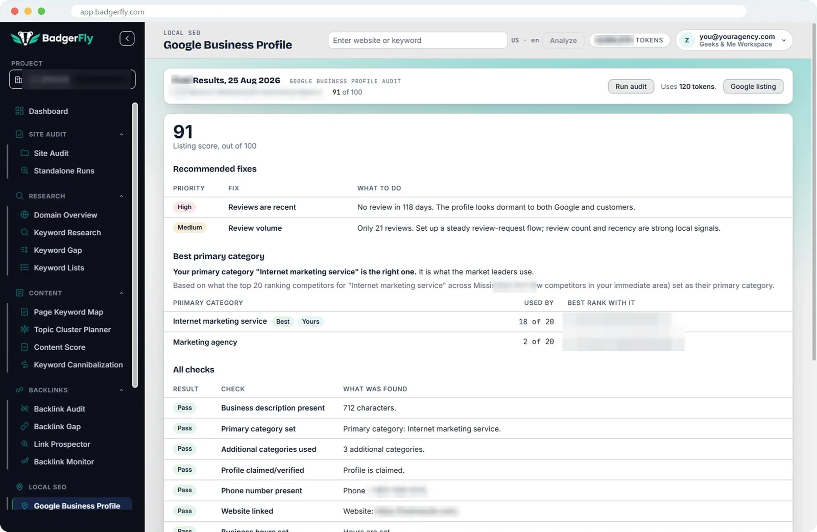 Google listing audit: a score out of 100, fixes in priority order, the primary category and every check