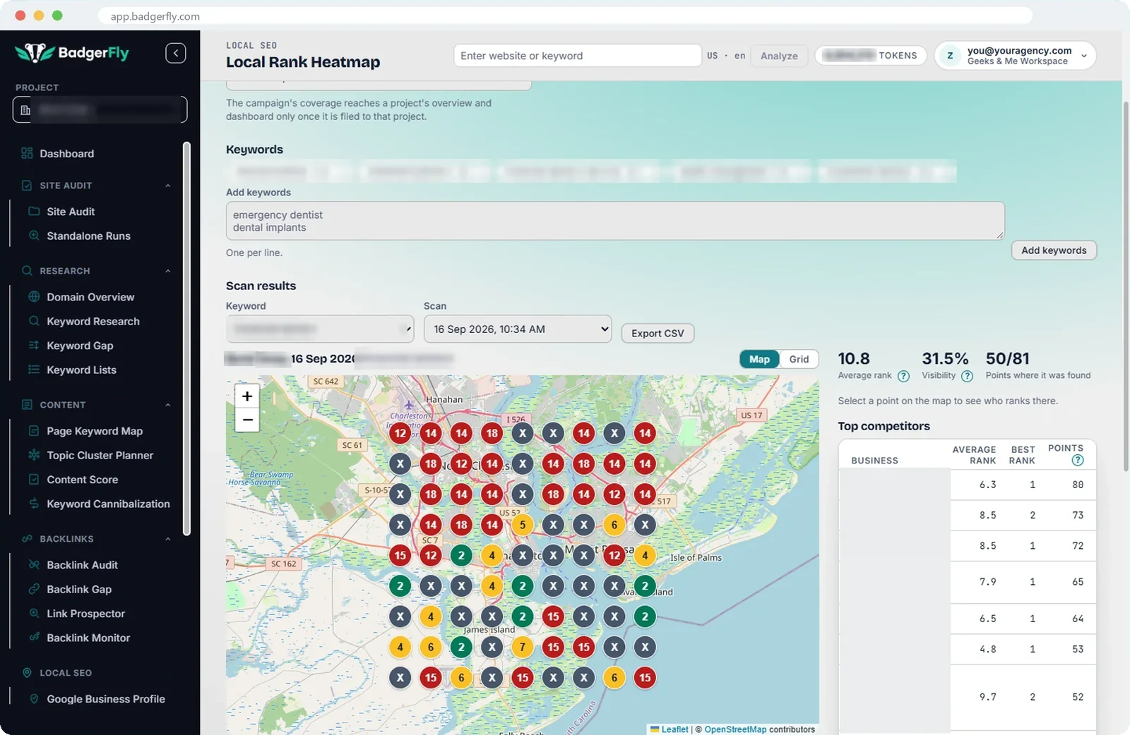 A local heatmap: colored points over a city map, each showing where the business appears on Google Maps from that spot