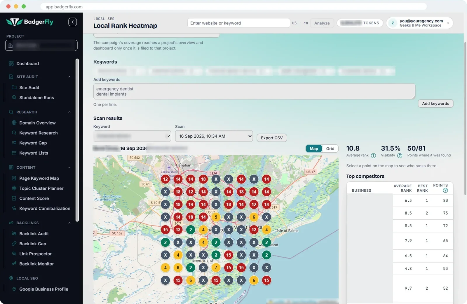 Local rank heatmap: colored points over a city map, each showing the Google Maps rank from that spot