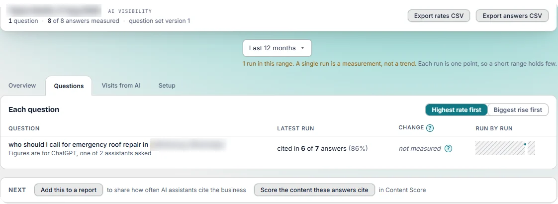The AI Visibility question view: one question cited in 6 of 7 answers