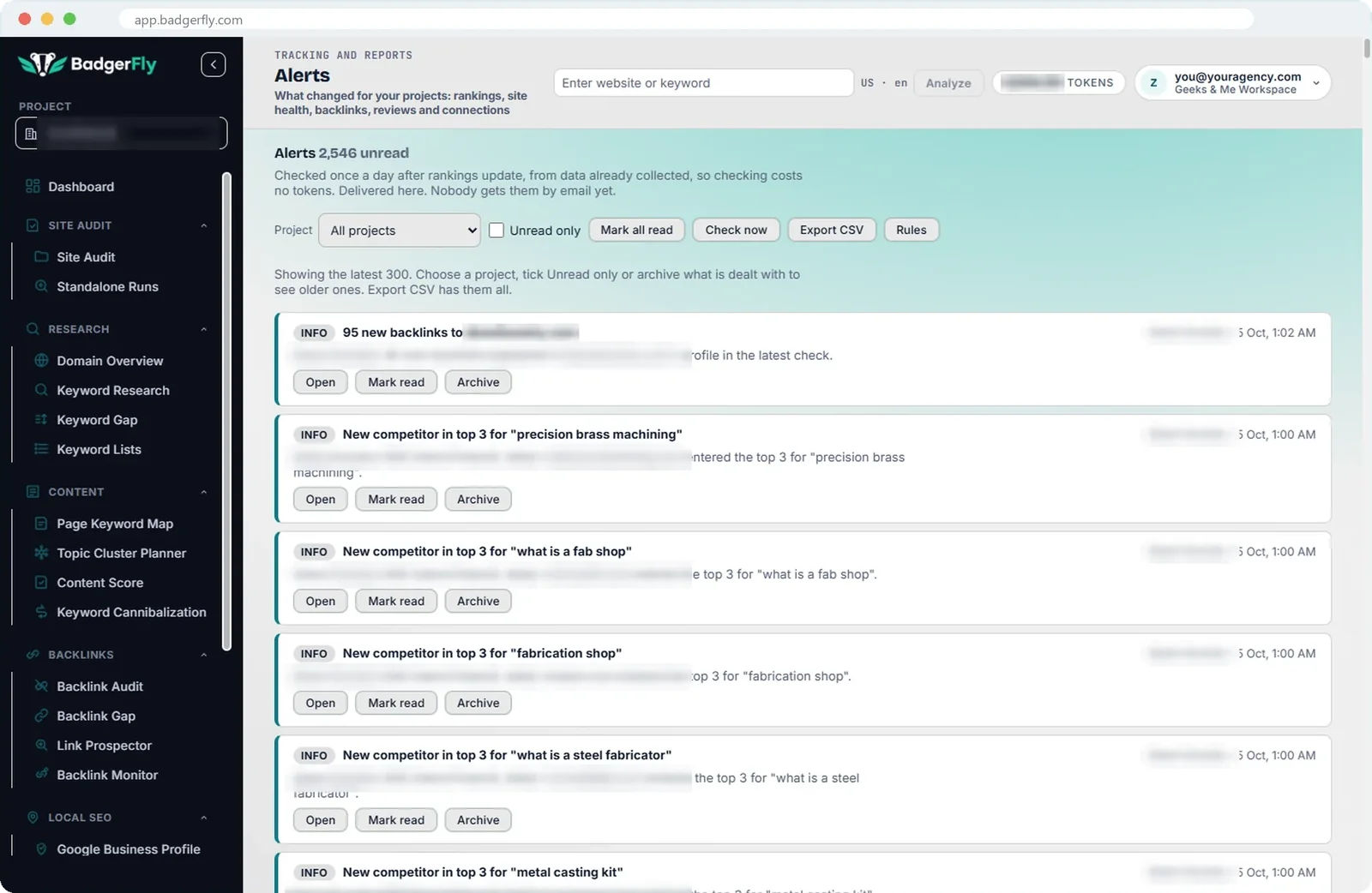 The alert feed: new backlinks, new competitors in the top three, ranking moves and connection problems, by project