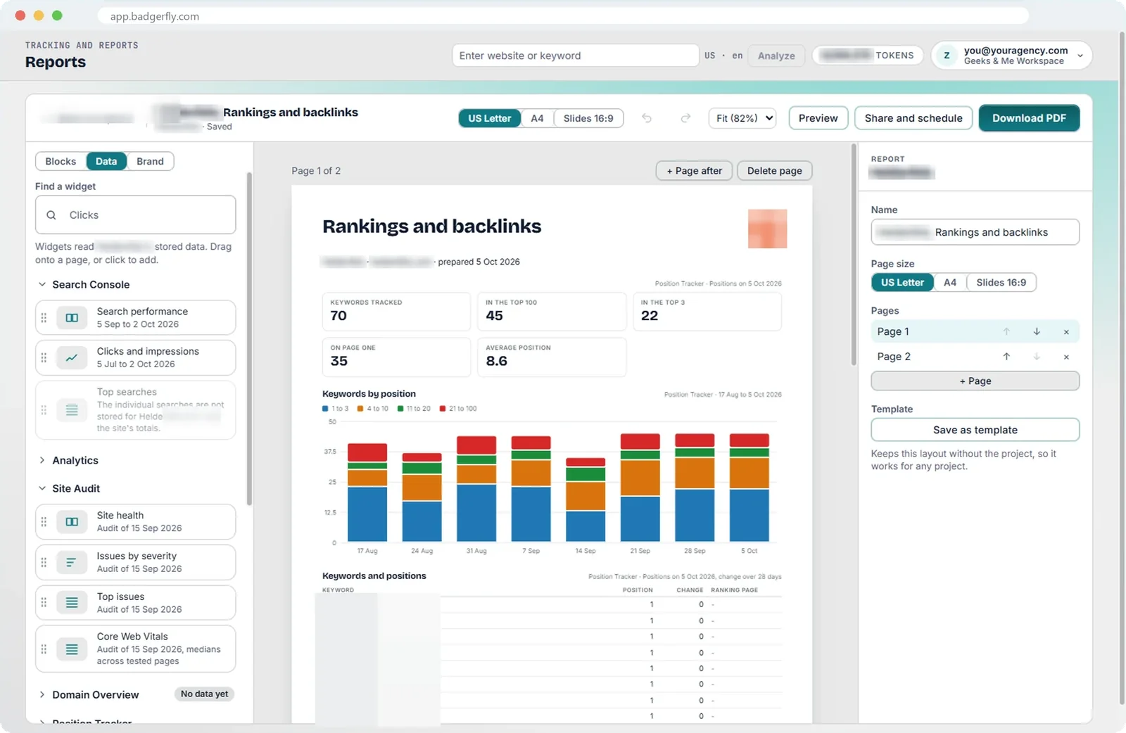 Report builder: a rankings and backlinks report with headline numbers and a keywords-by-position chart