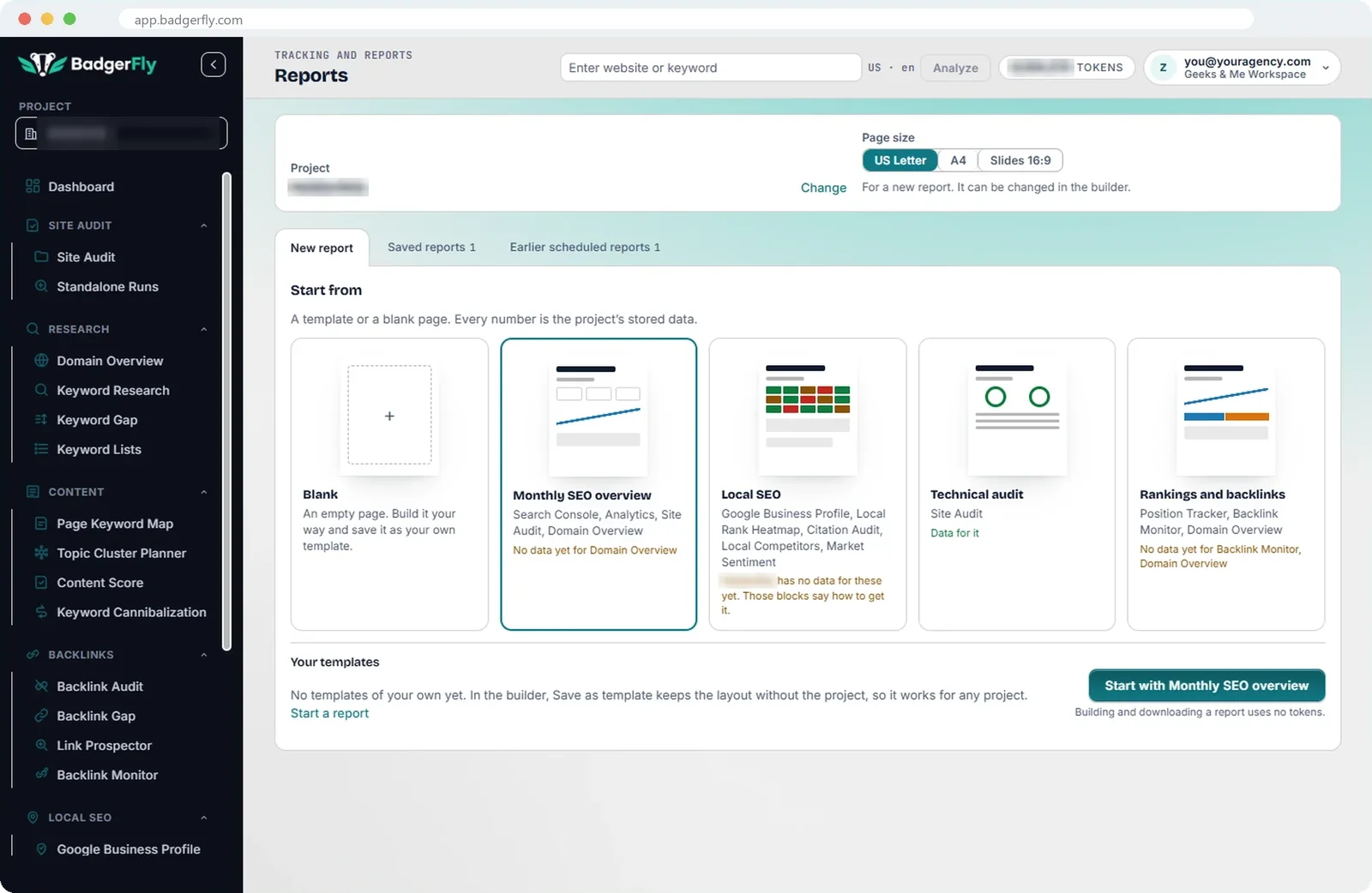 Starting a report: templates for a monthly overview, local SEO, a technical audit, rankings and backlinks, or a blank page